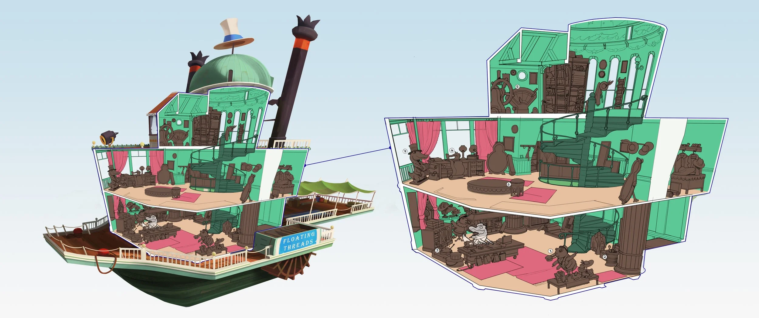 A breakdown of the interior of The Floating Thread