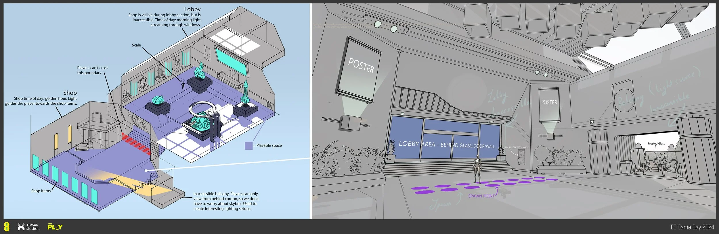An isometric view + line-drawing to help the 3D team understand the geometry of the space.
