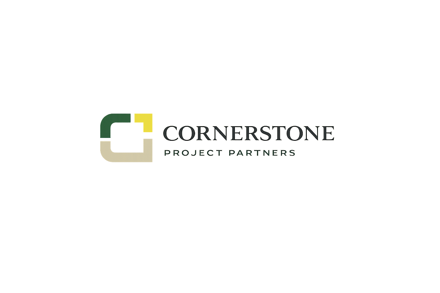 Logo of Cornerstone Project Partners with green and yellow square icons on a brown background.