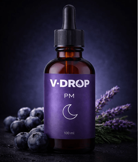 A brown glass dropper bottle labeled V-DROP PM with a purple label and white text, sitting on a dark surface with blueberries and purple lavender flowers around it.