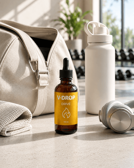 A bottle labeled V-DROP DRIVE with a dropper, next to a towel, water bottle, and gym bag on a dark surface.