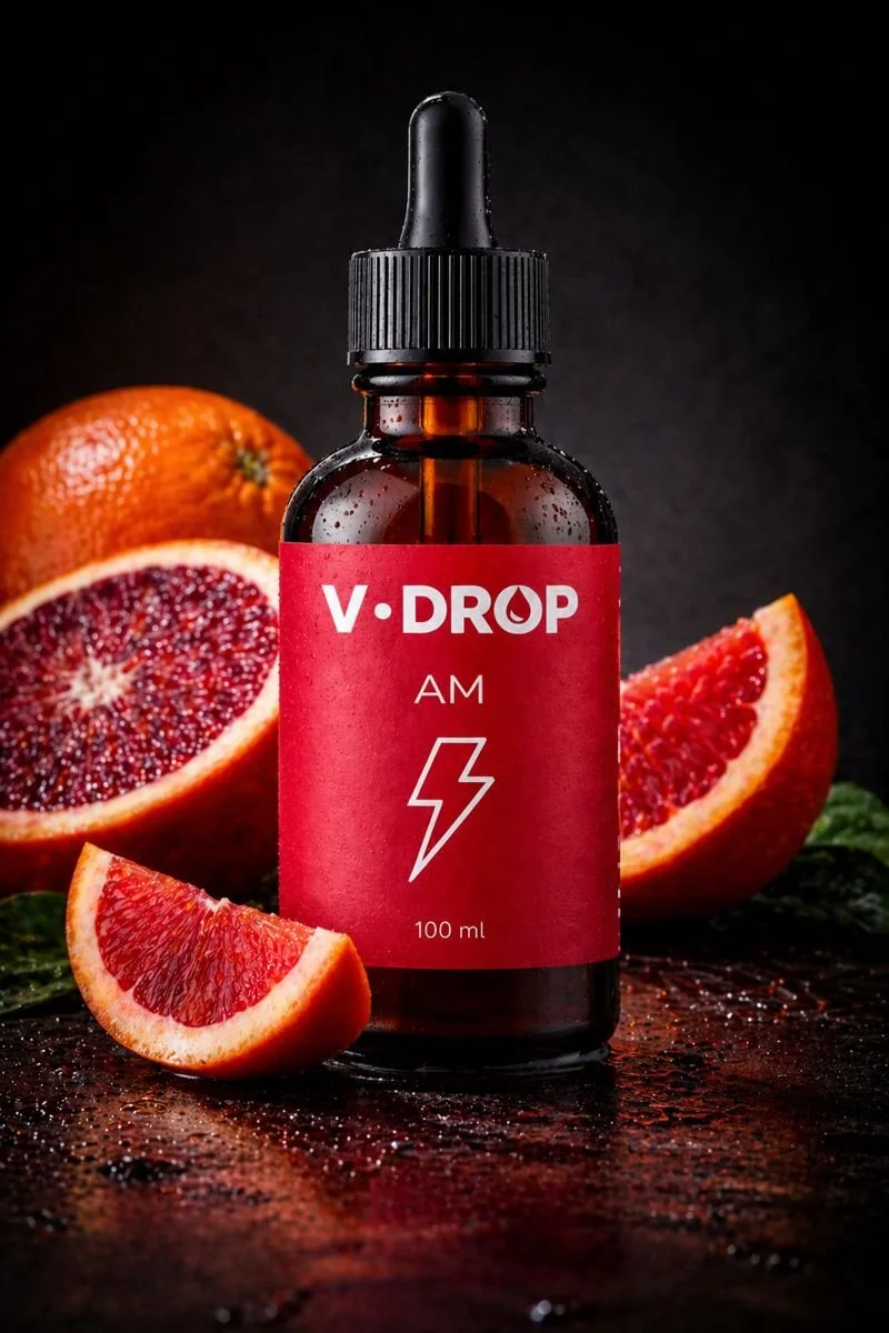 A 100ml bottle of V Drop with a dropper cap, surrounded by sliced grapefruits and an orange on a dark background.
