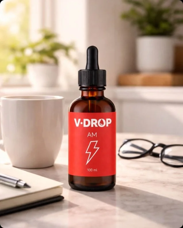 A bottle labeled V-DROP AM with a lightning bolt sits on a desk beside a mug, glasses, and a notebook in a bright room.