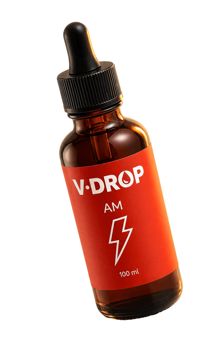 A small amber glass bottle with a black dropper cap, labeled V-DROP AM, with a red label featuring a white lightning bolt and text indicating 100 ml.