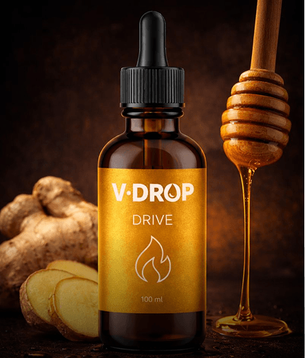 Amber glass dropper bottle labeled "V-DROP DRIVE" with a flame icon, surrounded by ginger root and honey with a honey dipper dripping honey against a dark background.