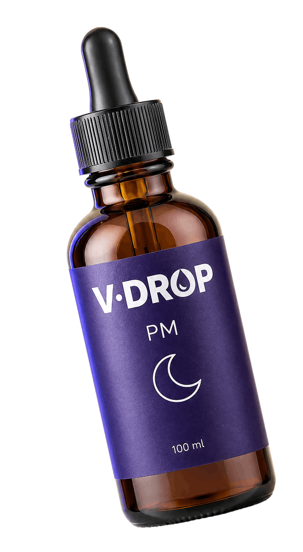 A brown glass dropper bottle with a black cap and purple label that reads "V-DROP PM" with a crescent moon icon, and 100 ml volume, against a black background.