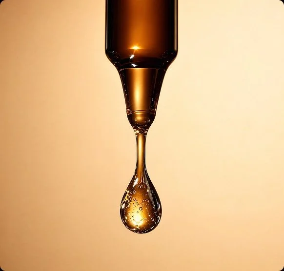A close-up of a drop of brownish liquid falling from a pipette against a beige background.