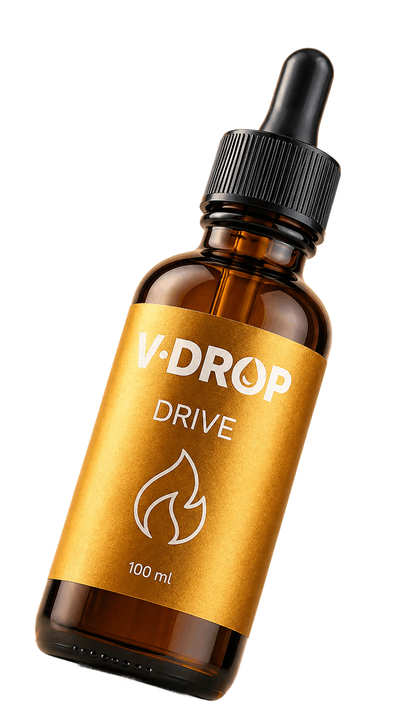 A small amber glass dropper bottle labeled 'V-DROP DRIVE' with a flame symbol and '100 ml' on a black background.