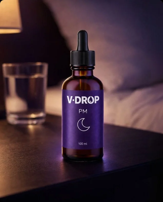 A dropper bottle labeled V-DROP PM with a crescent moon sits on a bedside table next to a glass of water.