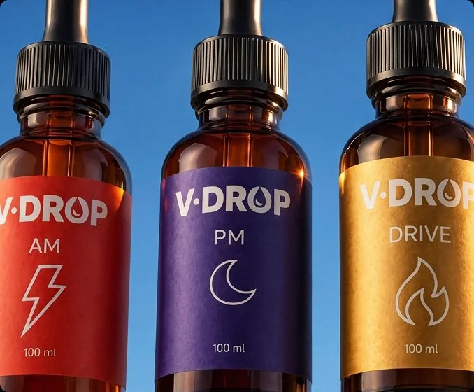 Three amber glass bottles with black dropper caps, each labeled with 'V-DROP' and different labels reading 'AM' with a lightning bolt symbol, 'PM' with a moon symbol, and 'DRIVE' with a flame symbol, against a clear blue sky.