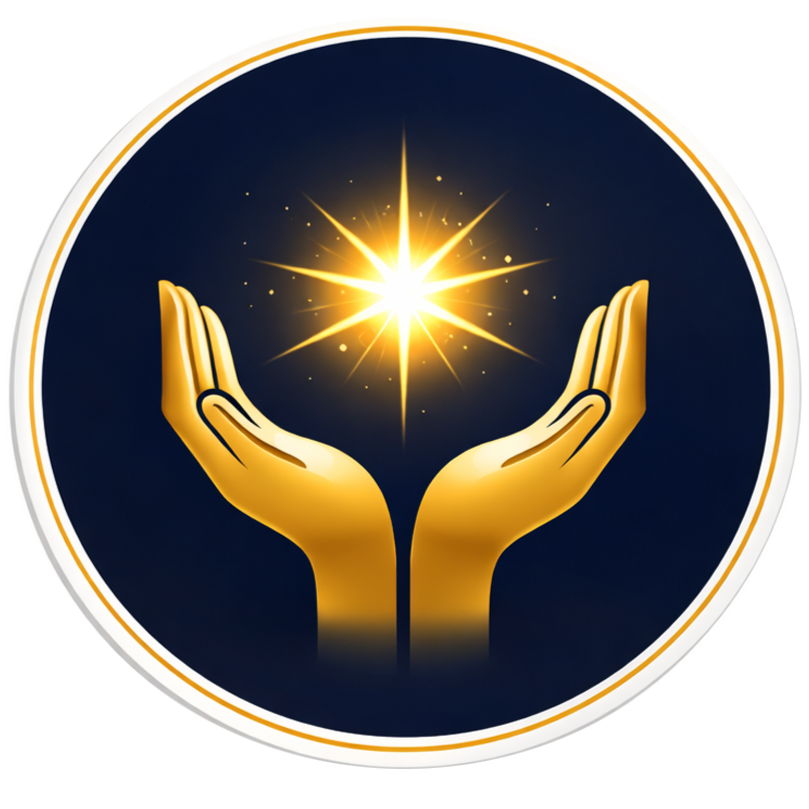 Two golden hands cupping a bright, glowing starburst against a dark blue background.