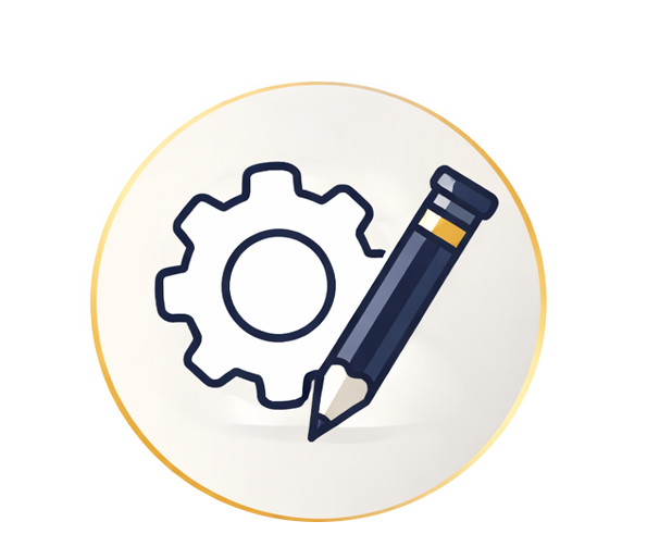 Icon of a gear and a pencil inside a white circle with a gold border.