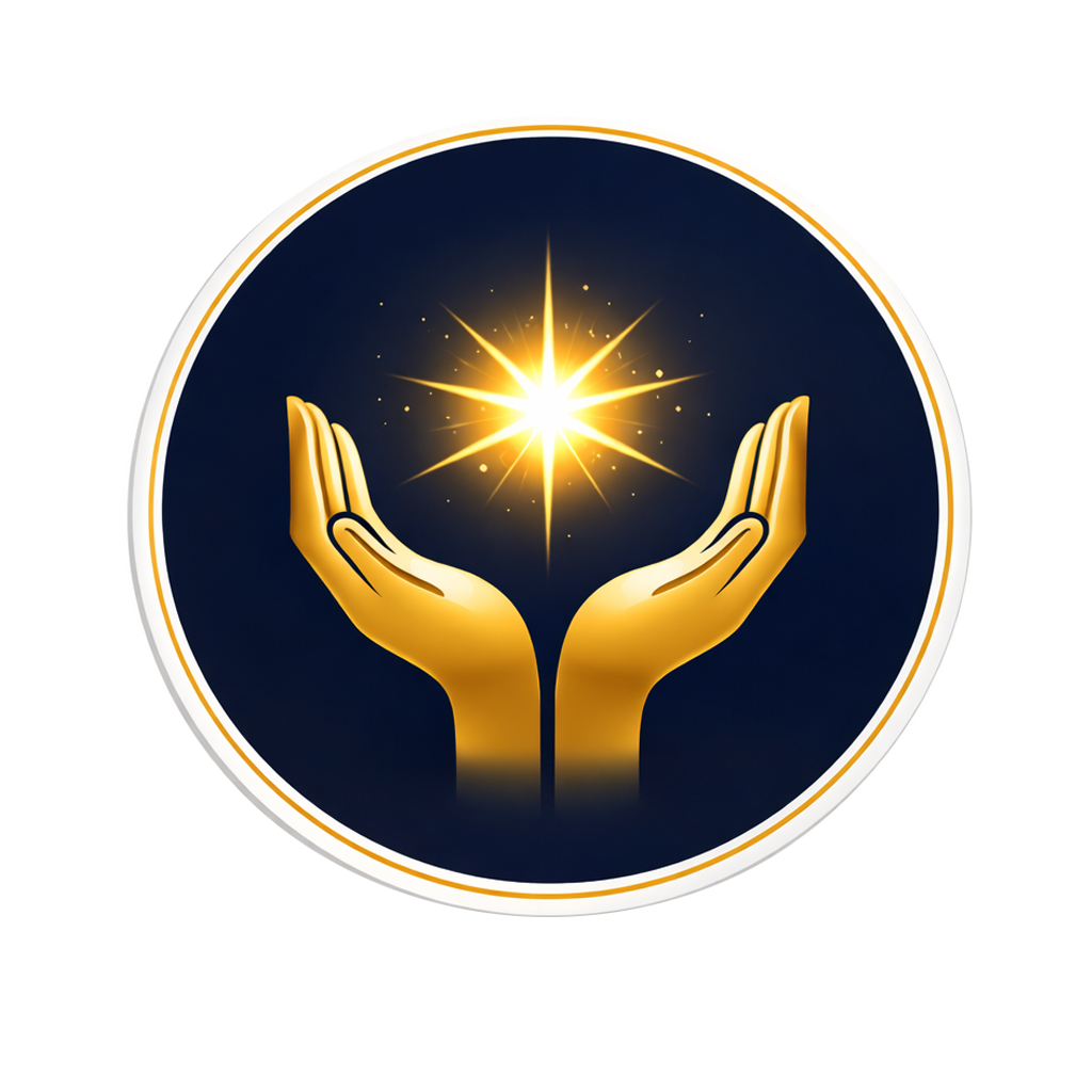 Gold-colored hands holding a bright shining star against a dark background.