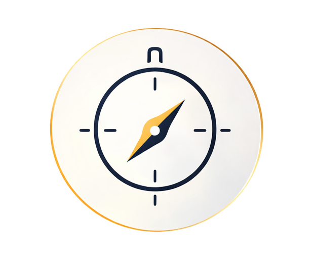 A compass with a white background, navy outline, and gold and navy needle at approximately 1 o'clock.