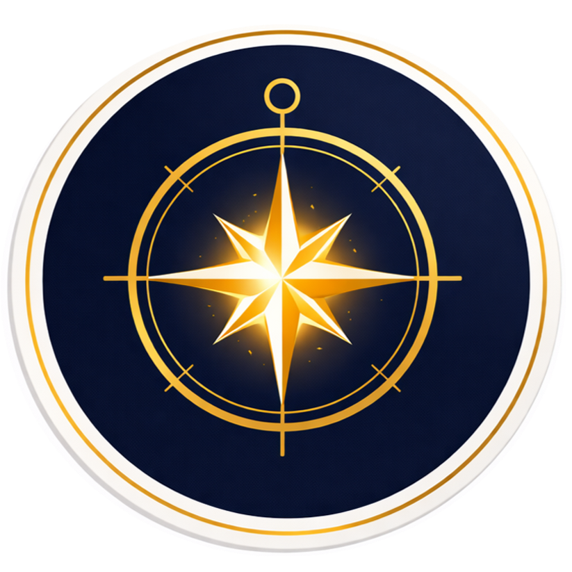 Gold and white compass rose symbol with a central starburst on a dark blue background.