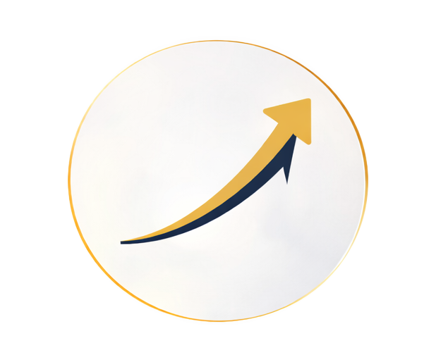 Two upward trending arrows, one gold and one dark blue, inside a white circle with a gold border.