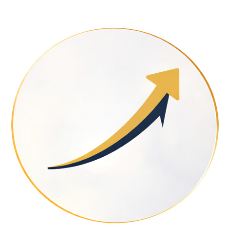 A graphic with two upward trending arrows, one gold and one black, inside a circular border, symbolizing growth.