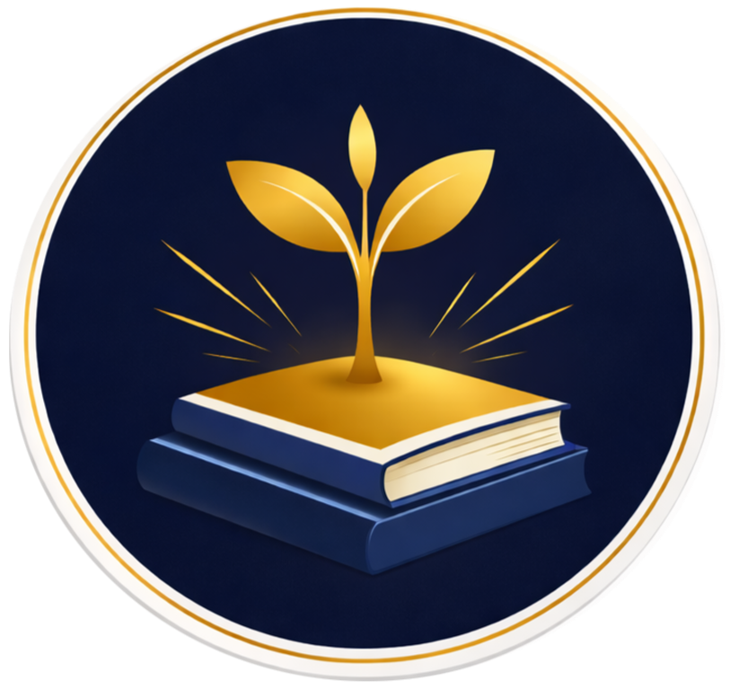 Illustration of a gold sprout emerging from an open book with a dark blue background.