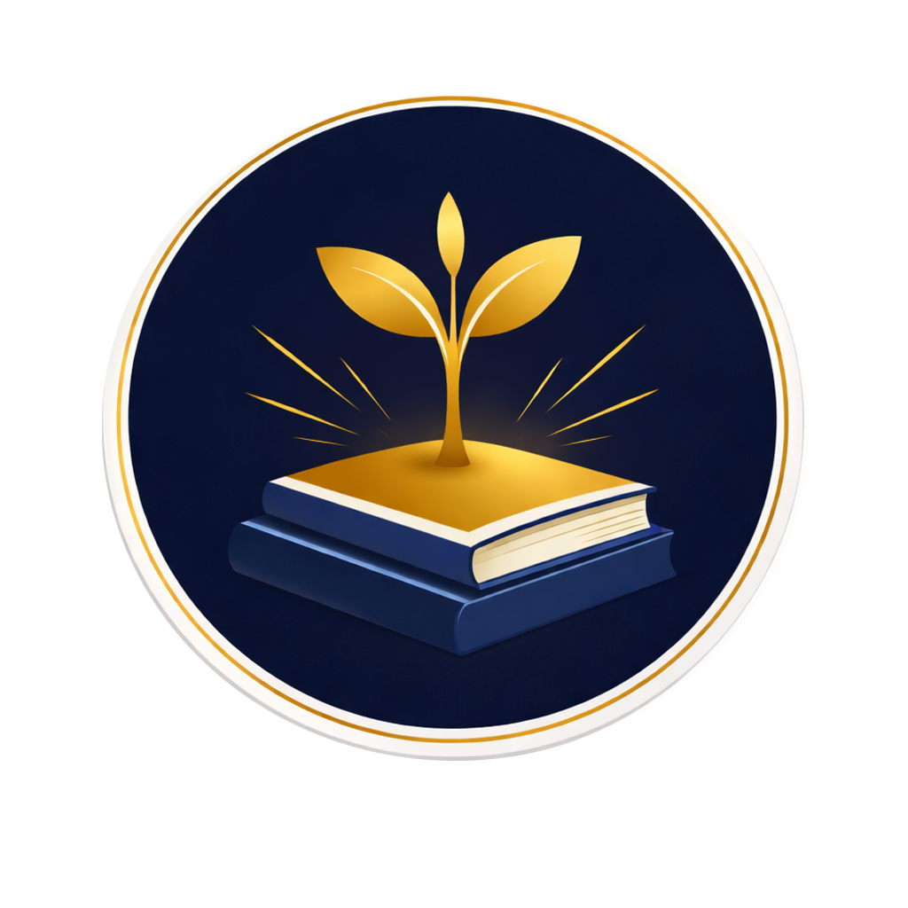 A logo featuring a golden sprouting plant emerging from an open book, with rays of light extending outward, on a dark blue circular background with a gold and white border.