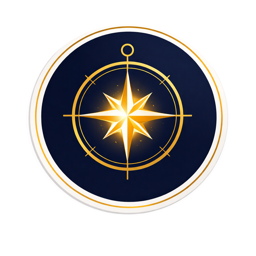 A circular emblem with a navy blue background featuring a four-pointed golden star in the center, surrounded by a compass rose design and gold accents.