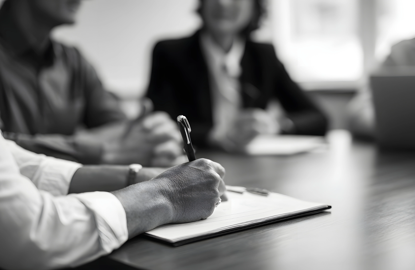 Close-up of a person taking notes with a pen during a meeting, with two blurred individuals sitting across the table, in a professional office setting.