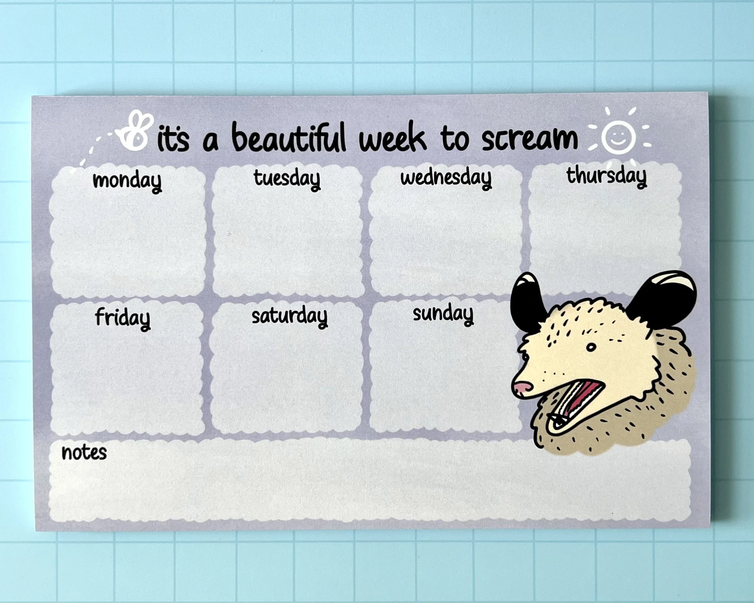 A photo of a weekly planner notepad. In the corner of the planner there is an illustration of a possum face screaming. Text at the top of the planner reads, "it's a beautiful day to scream." Doodled around it is a smiling, shining sun, a cloud, and a