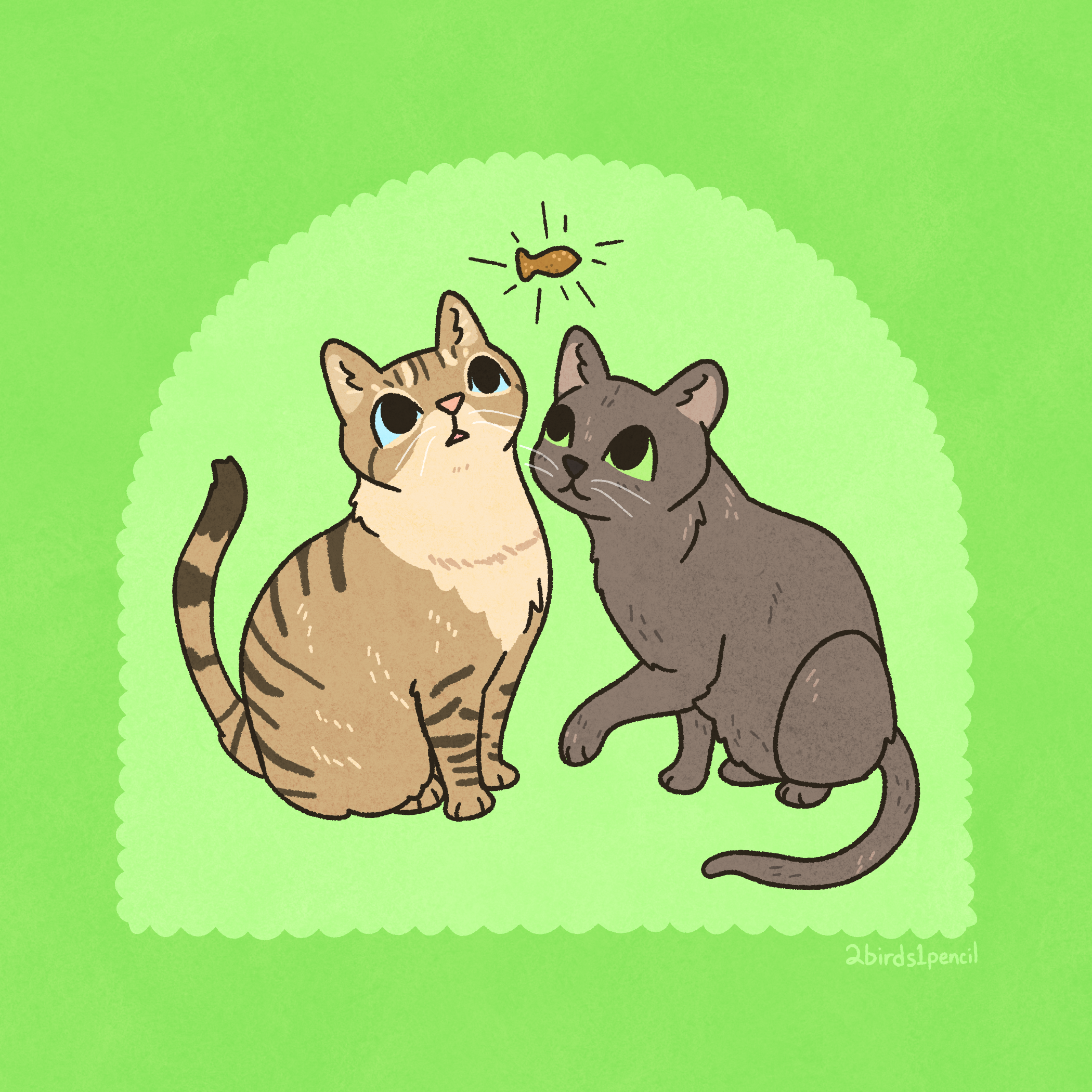 A digital illustration of two cats against a bright green background--on the left, a light brown tabby with blue eyes, and on the right, a dark grey cat with green eyes. They are both looking up at a fish shaped cat treat.