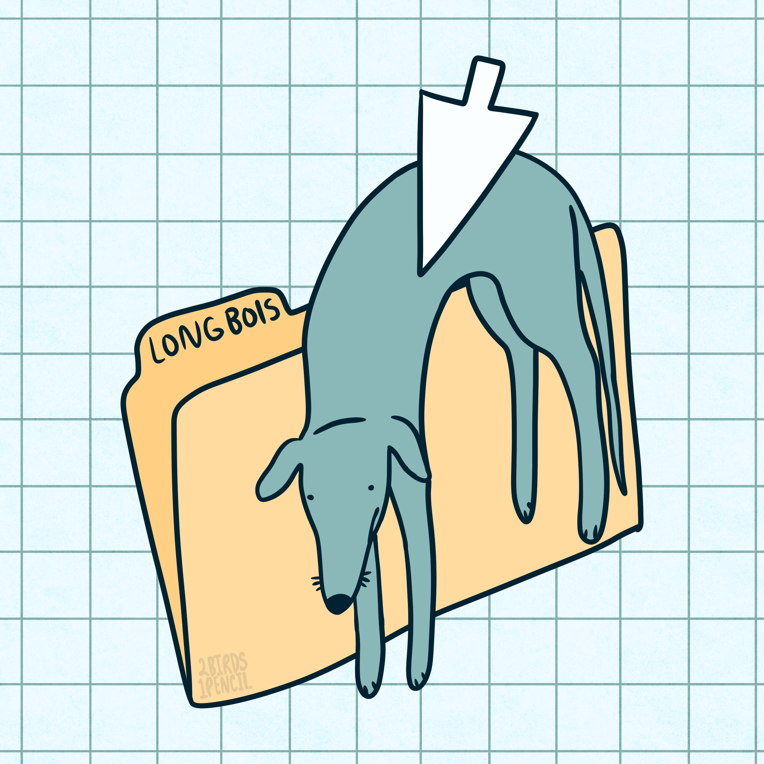 A digital illustration of a cartoon greyhound being picked up by a cursor and moved towards a file folder that's labelled "LONG BOIS."