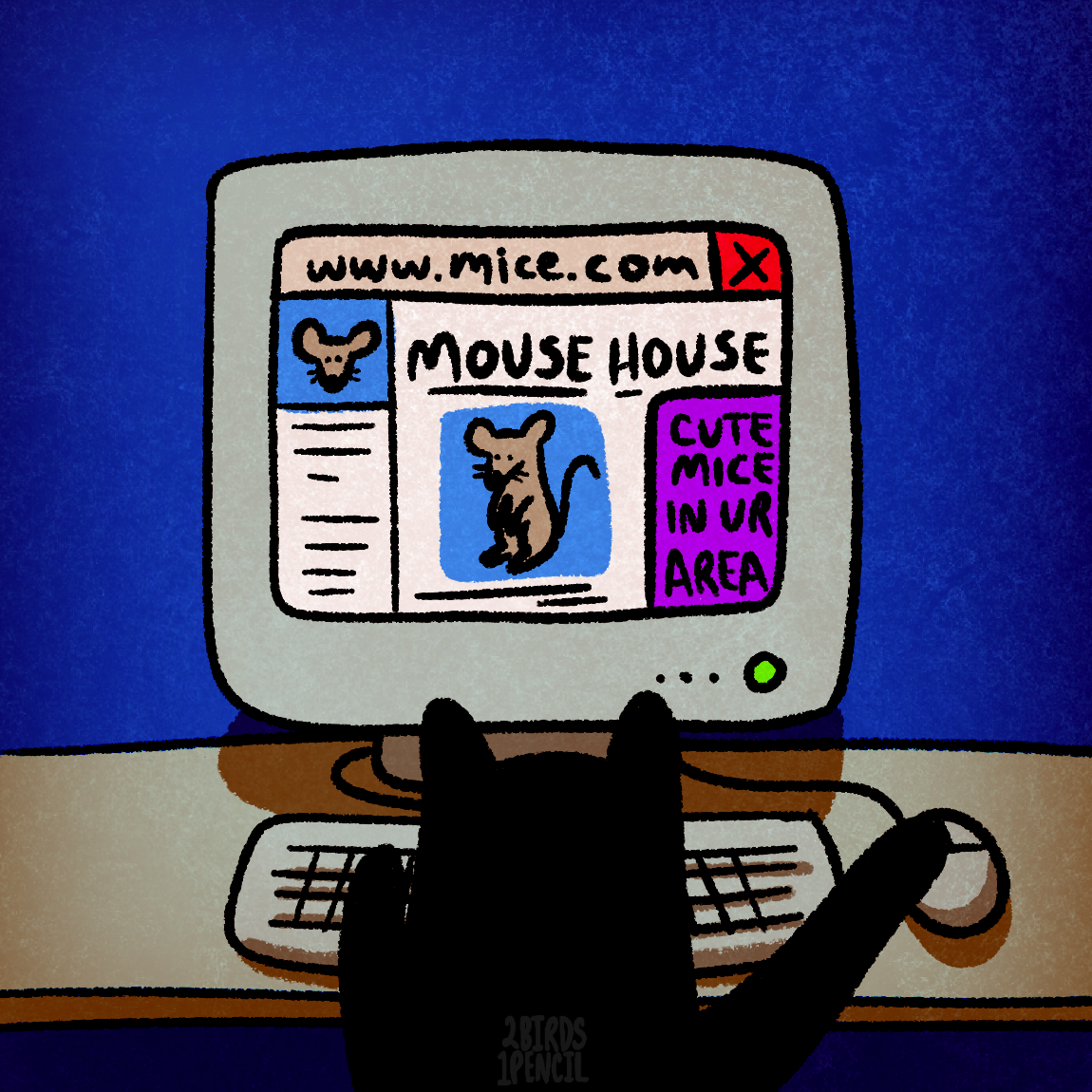 A digital illustration of a black cat sitting in front of an old school desktop computer, glowing brightly in the dark. They have their paws on the mouse and keyboard, and the monitor shows a website for mice. There are a few pictures of mice, as wel