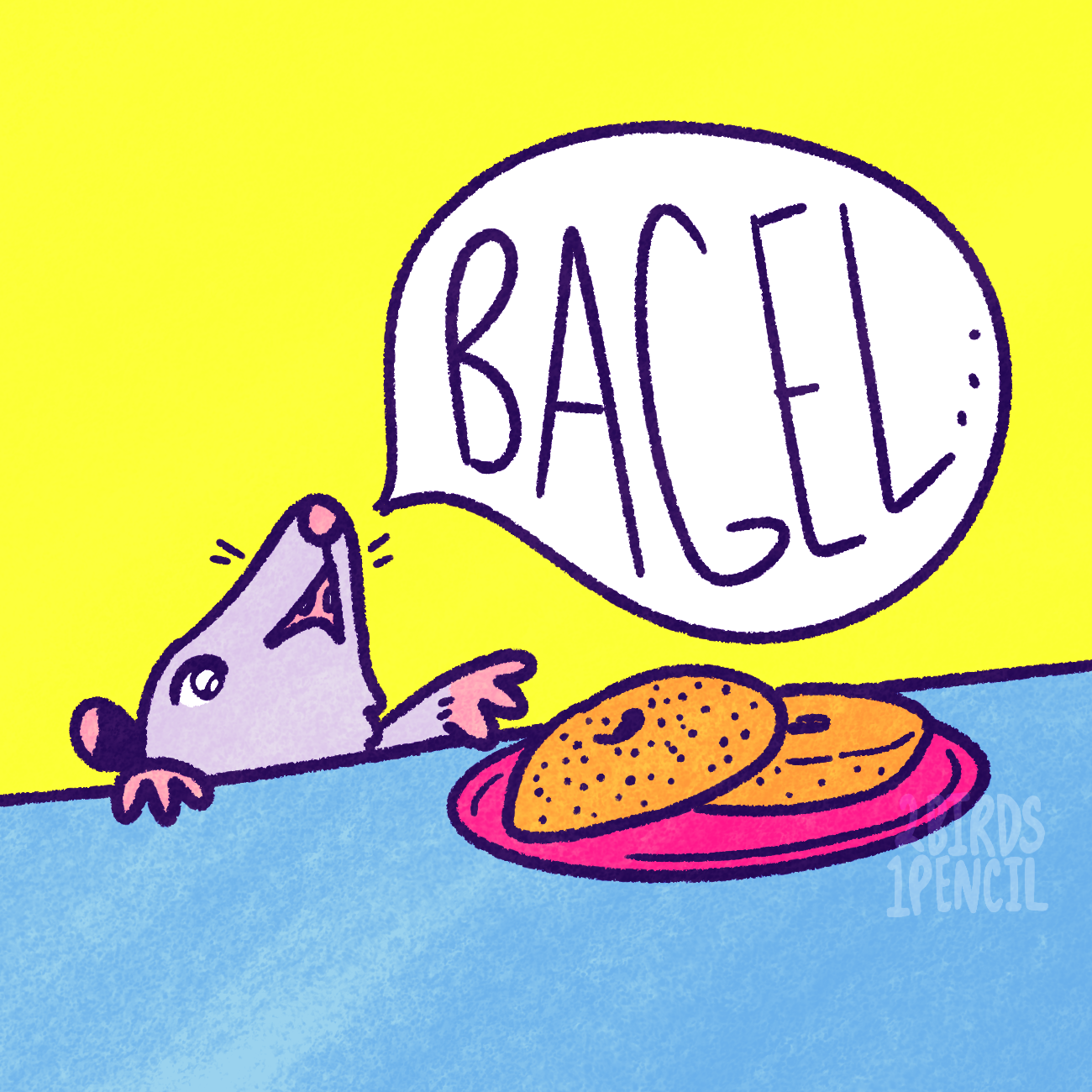 A digital illustration of a sliced poppyseed bagel on a plate, sitting at the edge of a counter. Pulling himself up the counter is a little opossum, mouth agape and eyes wide. In a speech bubble he says, "BAGEL..."
