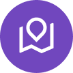 Purple icon with a white location pin inside a stylized map