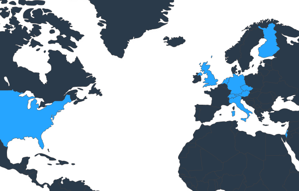 A world map highlighting countries in North America, Europe, and Asia in blue.