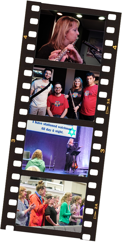 A film strip-style collage of four photos showing a musical performance, a group of people posing, a woman singing on stage, and an audience clapping.