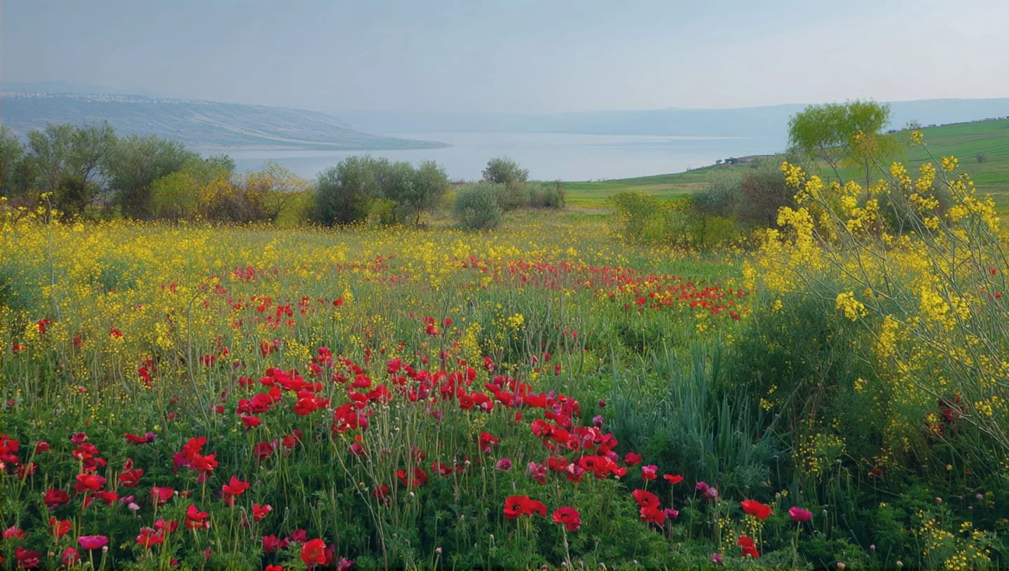 A scenic landscape with a colorful flower field in the foreground, trees along the middle ground, and a body of water with hills in the background during daytime.