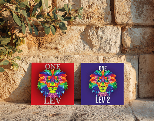 Two colorful greeting cards with a geometric lion design, titled "ONE LEV" and "ONE LEV 2," placed on a stone surface outdoors with a brick wall and leafy branch in the background.