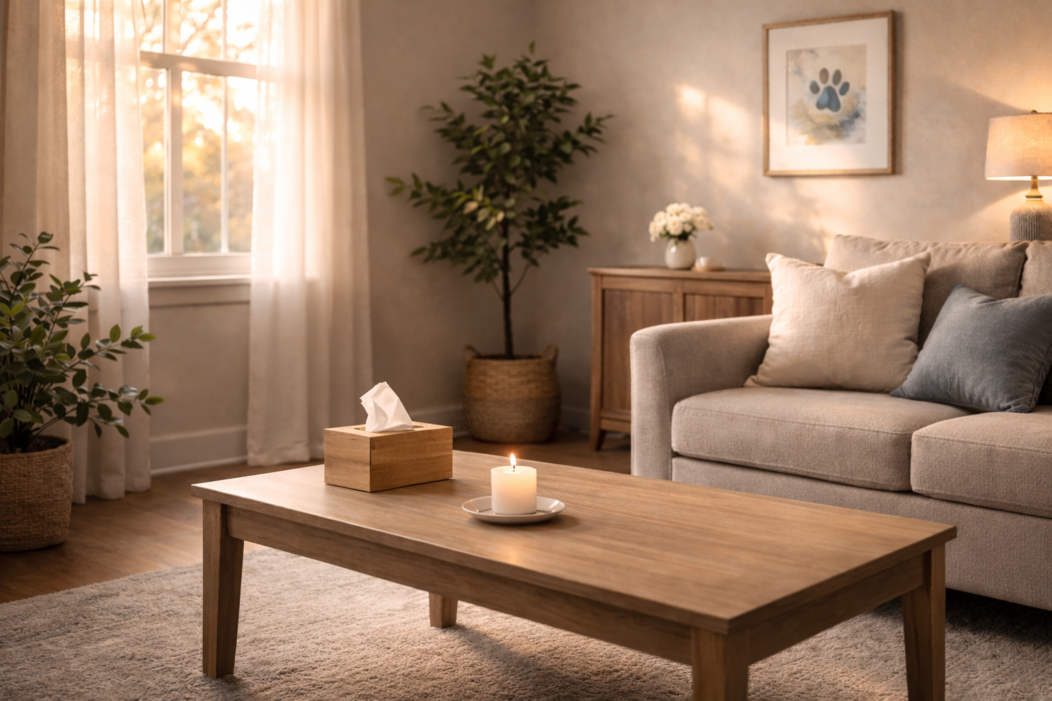 Cozy living room with a beige sofa and pillows, wooden coffee table with a lit candle and tissue box, potted plants, a sideboard, framed artwork, and warm lighting from a window and lamp.