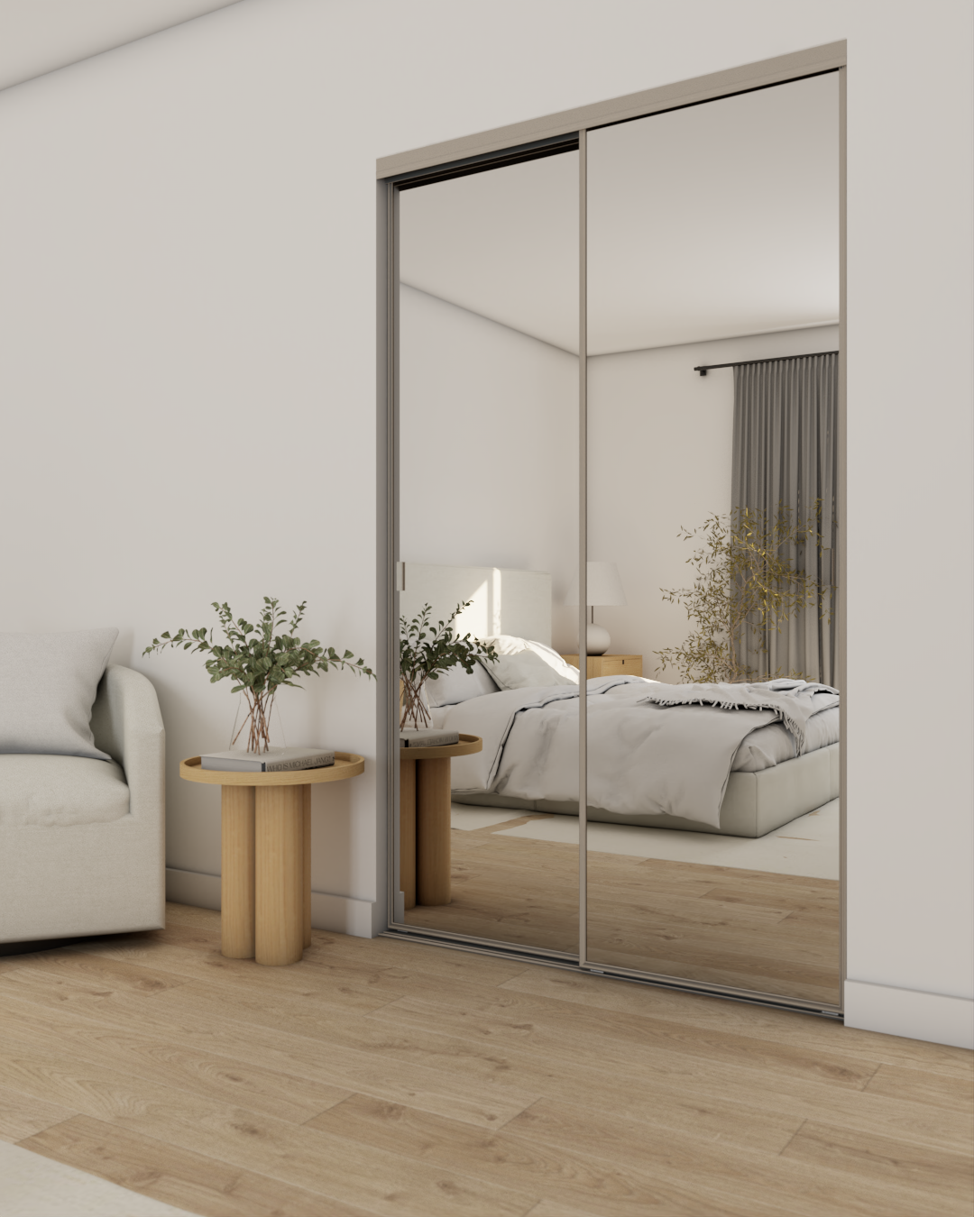 Modern bedroom with a bed, nightstand, lamp, curtain, and plants reflected in a mirrored closet door.