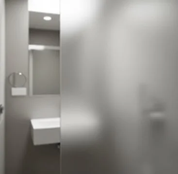 A frosted glass door partially open revealing a modern, minimalist bathroom with a sink and mirror