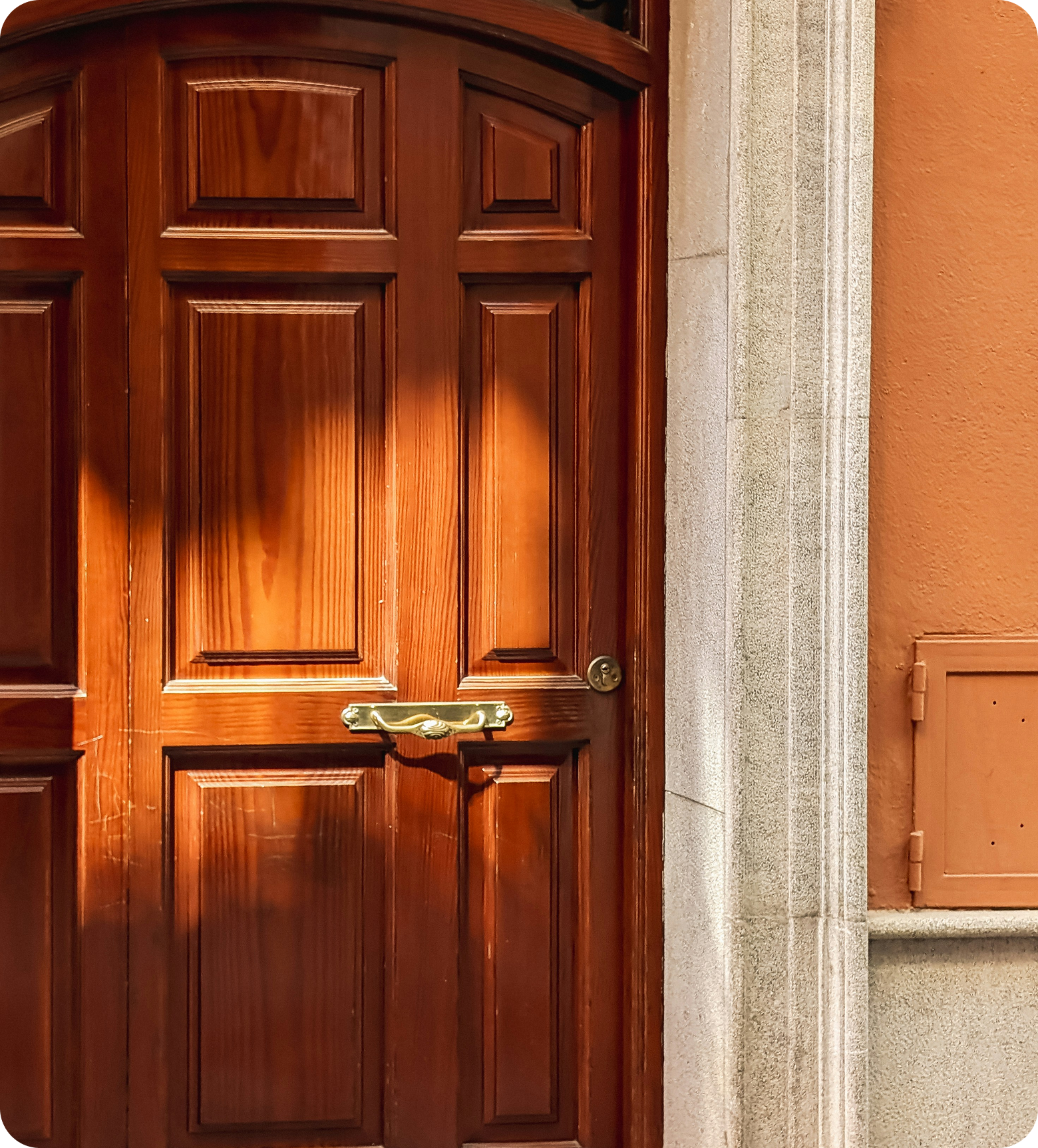 Wooden door with detailed panels, a brass handle, and a lock, set in a stone and brick wall.