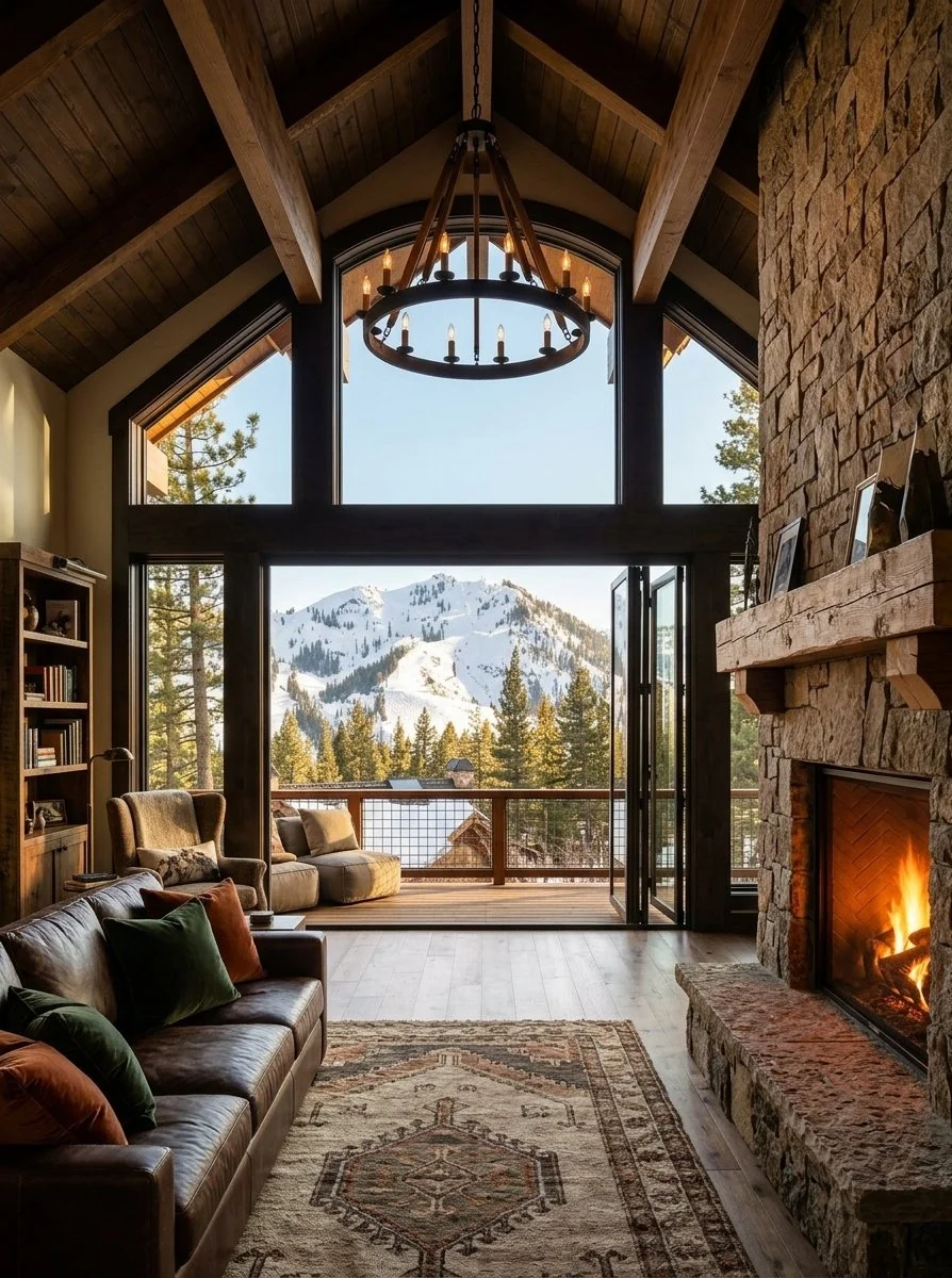 A cozy living room with large floor-to-ceiling windows overlooking snowy mountain scenery, a stone fireplace with a fire burning, a leather sofa with colorful pillows, an armchair, a wooden bookshelf, and a rustic chandelier hanging from a wooden vau
