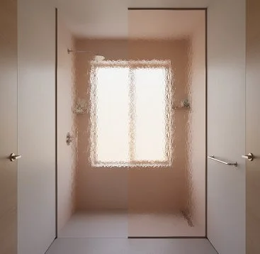 A walk-in shower with a large window at the far end, enclosed by two door panels on either side.