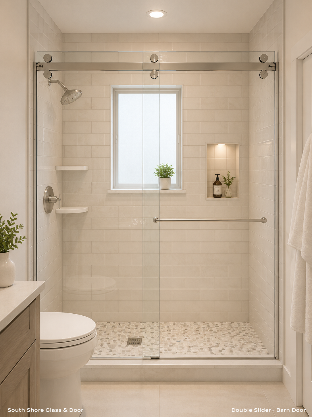 Modern bathroom with a glass shower enclosure, tiled walls, small built-in shelf with soap and plant, a window with a potted plant, towel rack, and a toilet.