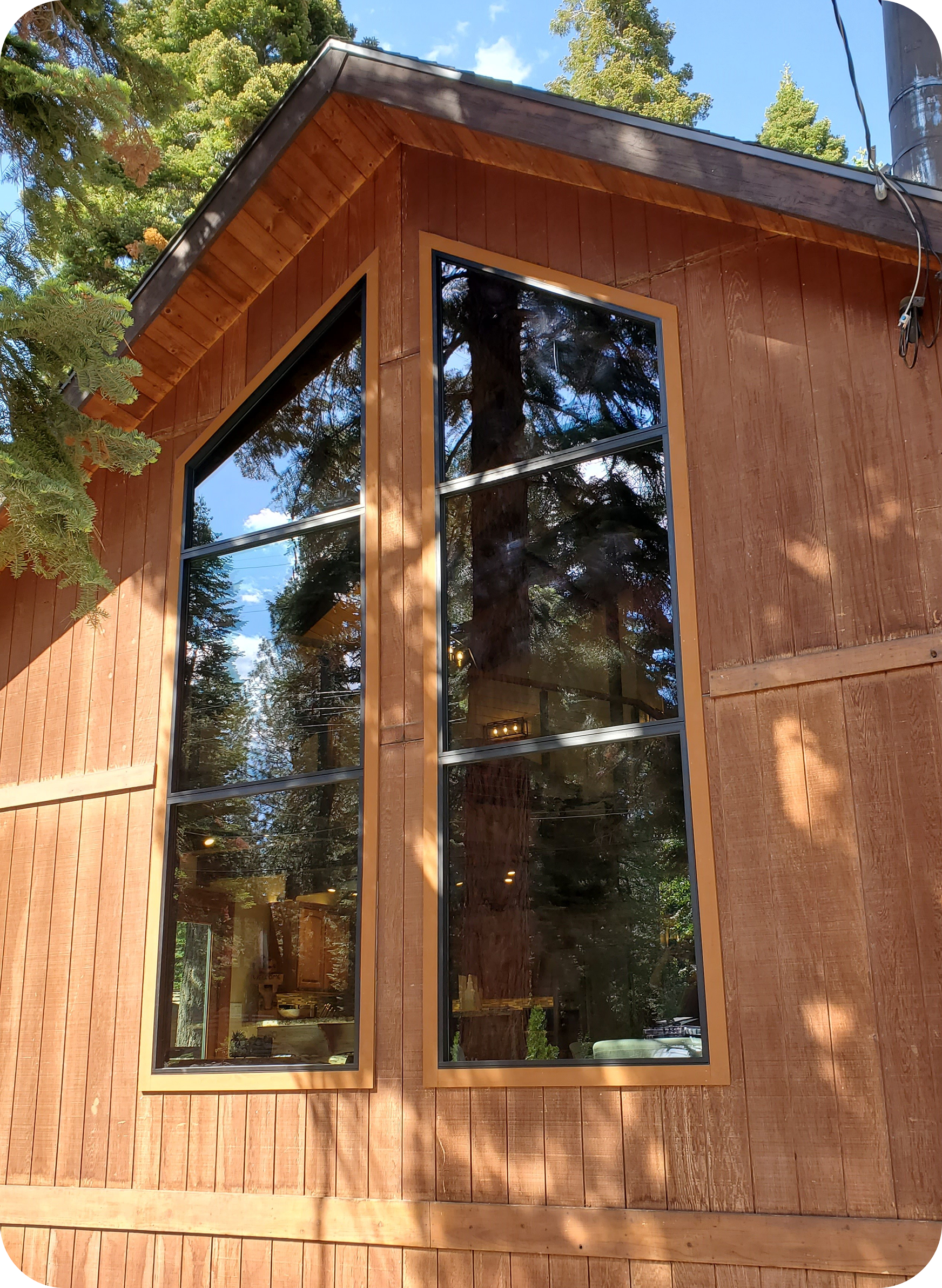 Close-up of a wooden house exterior featuring three large rectangular windows reflecting trees and the sky, with surrounding greenery and a blue sky with some clouds.