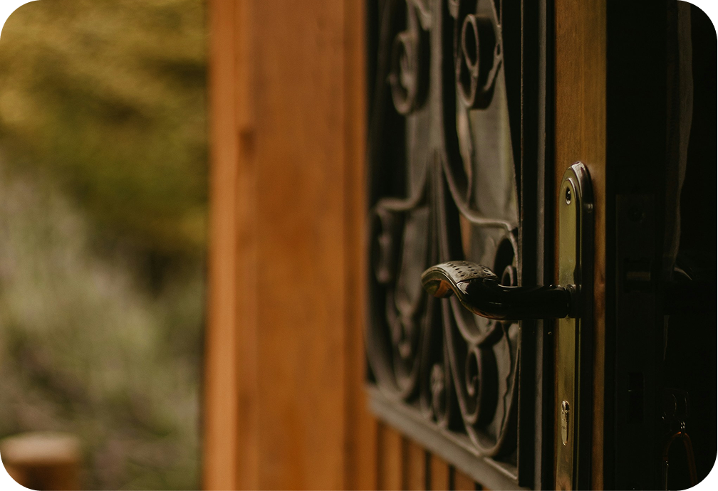 Close-up of a black wrought iron door handle on a wooden door with a decorative iron grill.