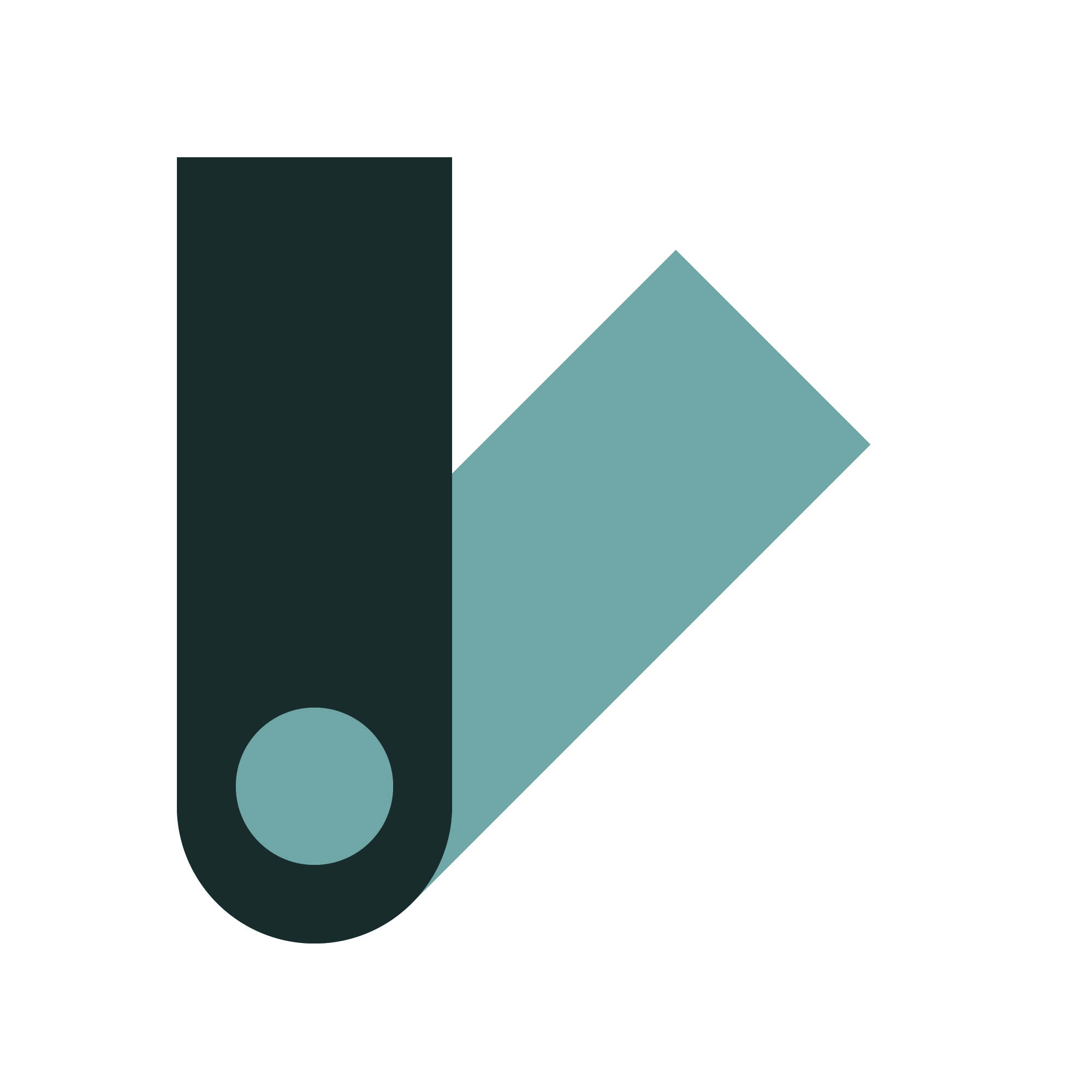 An abstract geometric design with overlapping shapes in dark teal, light teal, black, and white, featuring a circle and a triangle.
