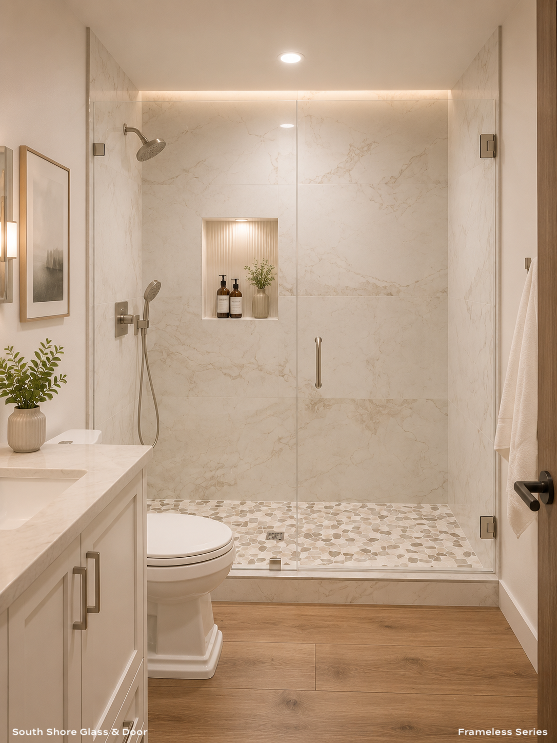 Modern bathroom with walk-in shower, marble tile walls, pebble tile floor, white vanity, potted plant, and minimal decor.