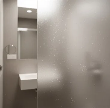 Frosted glass shower door with water droplets