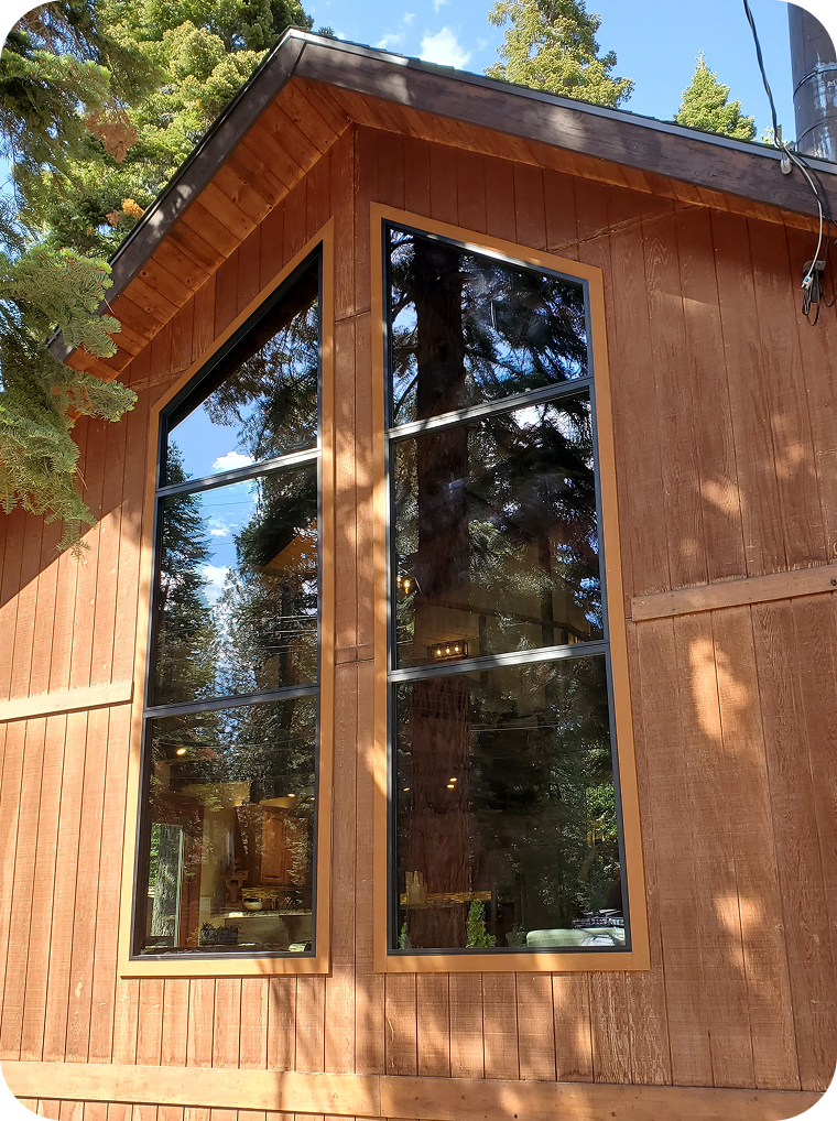 A wooden building with large, tall windows reflecting trees and a blue sky, surrounded by greenery, with sunlight casting shadows on the exterior.
