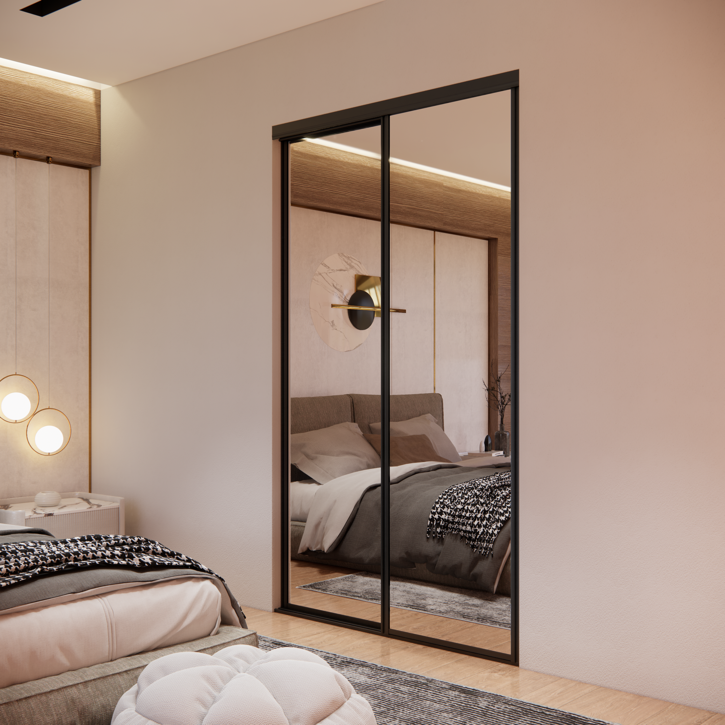 Bedroom with bed, a built-in mirrored wardrobe, a wall-mounted lamp, and decor elements, in a modern interior design.