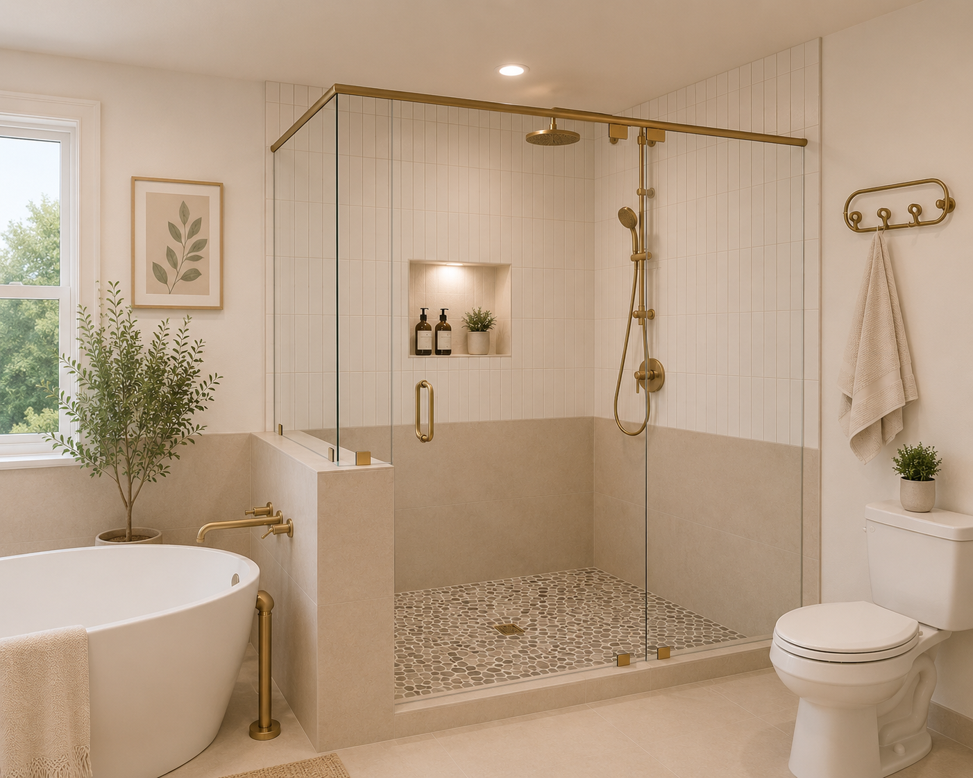 Modern bathroom with a walk-in shower, freestanding bathtub, and toilet. The shower has white tile walls, a built-in niche, and gold fixtures. A window with trees outside, a potted plant near the bathtub, and minimal decor complete the space.